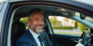 Optimisez votre protection : tout savoir sur l’assurance auto tous risques Homme d'âge moyen souriant dans sa voiture moderne