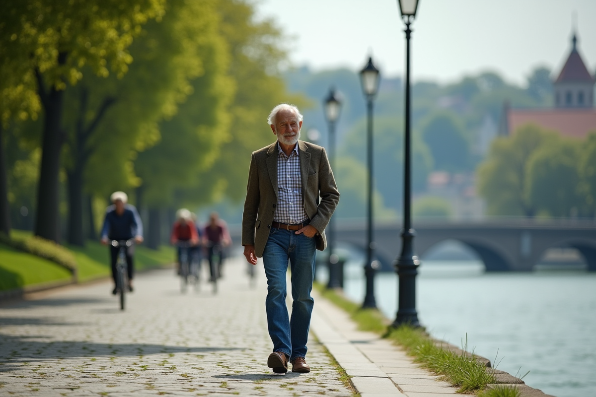 Homme senior marchant le long d