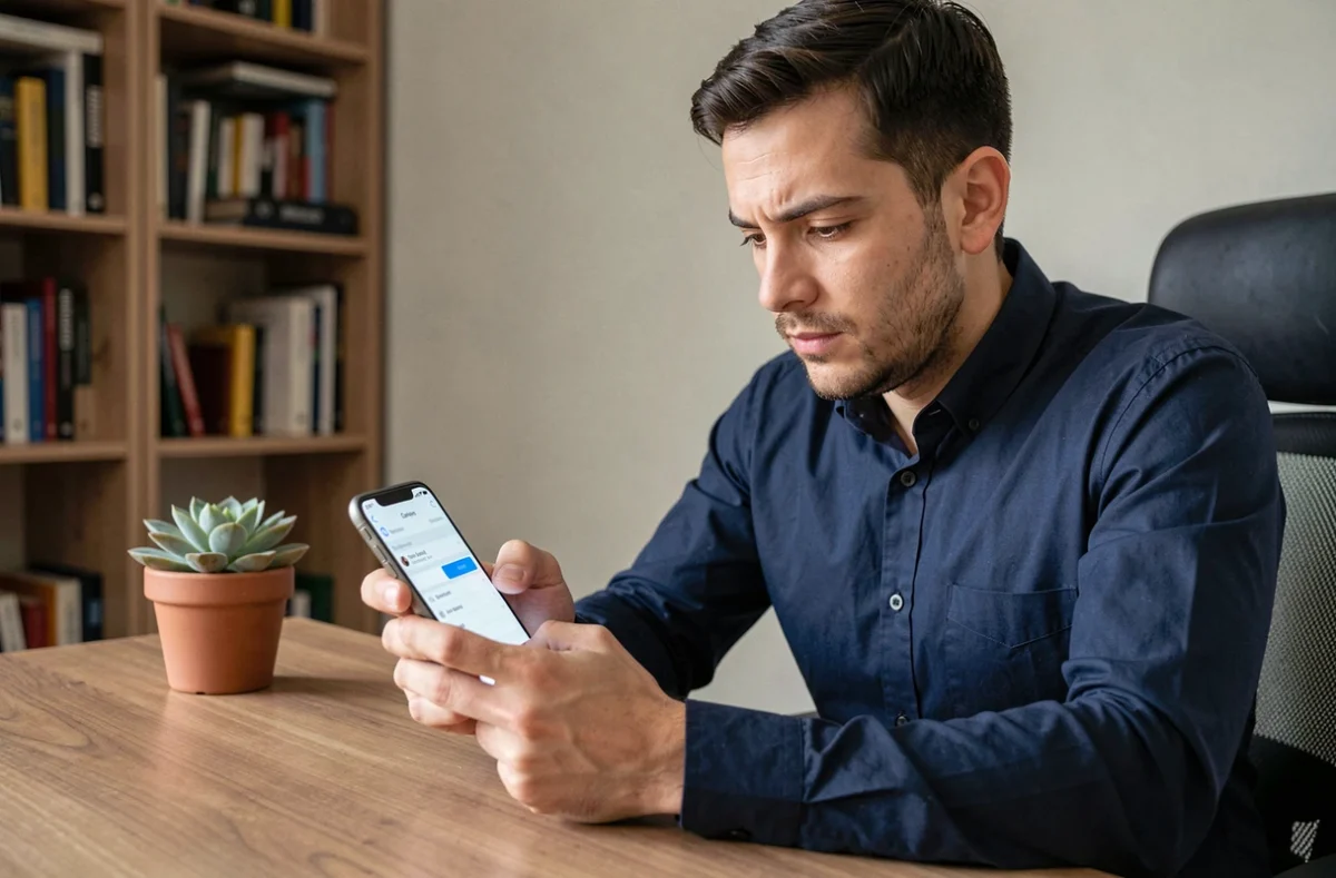 Homme consultant les paramètres de son smartphone pour trouver son numéro Lycamobile