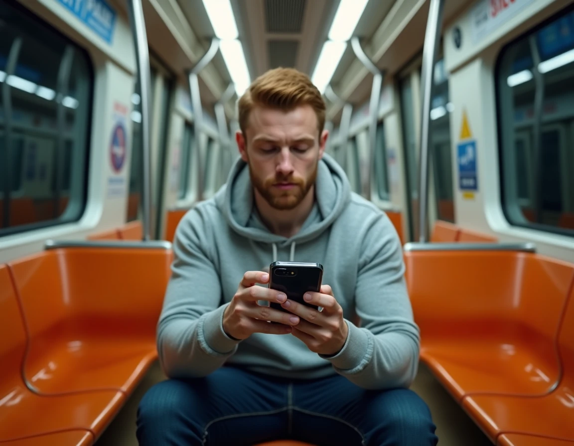 Homme consultant le plan du métro de Lyon sur son smartphone dans une rame en mouvement