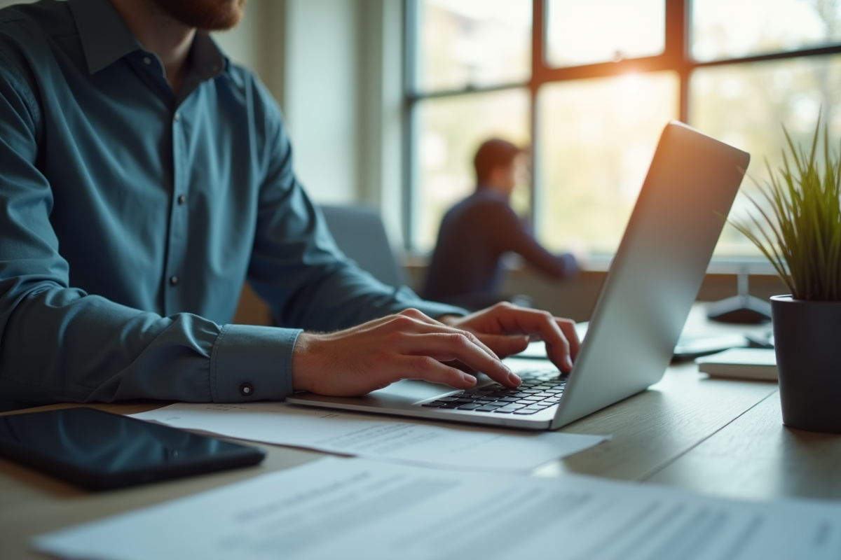 Homme tapant sur un ordinateur portable dans un bureau lumineux