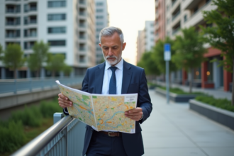 Homme d'âge moyen examinant un plan de zonage urbain
