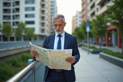 Homme d'âge moyen examinant un plan de zonage urbain