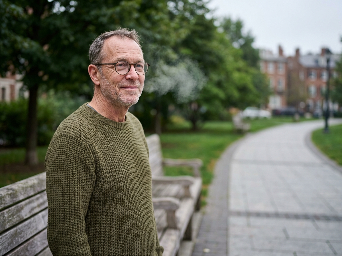 Homme d age exhalant vapeur dans un parc urbain