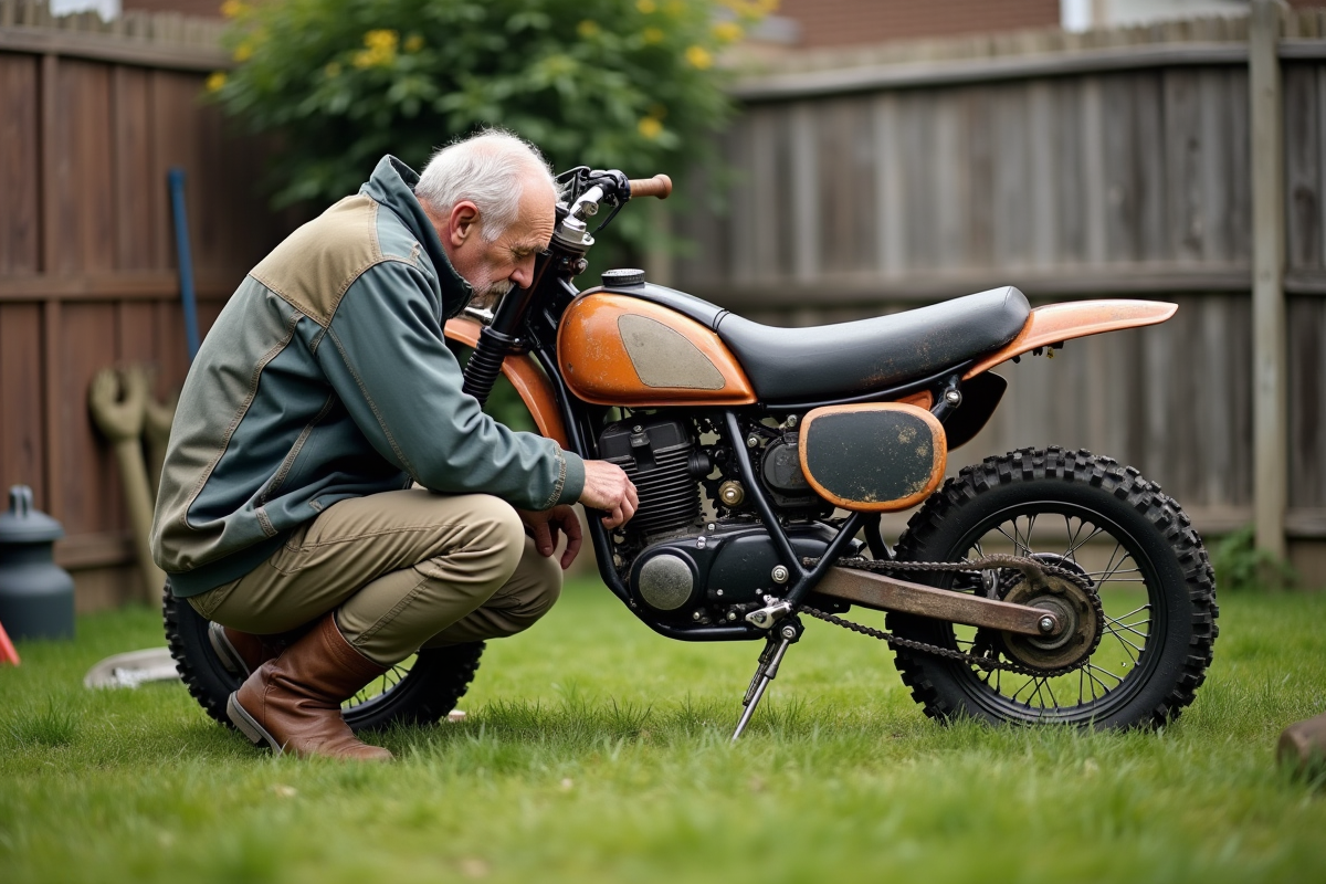 Homme âgé inspectant moto cross 150cc usagée