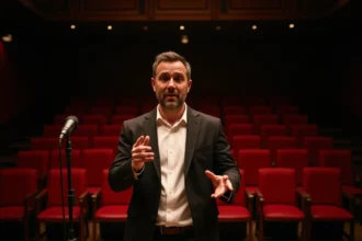 Comédien humoriste français sur scène dans un cabaret vintage avec microphone rétro, en pleine gestuelle expressive