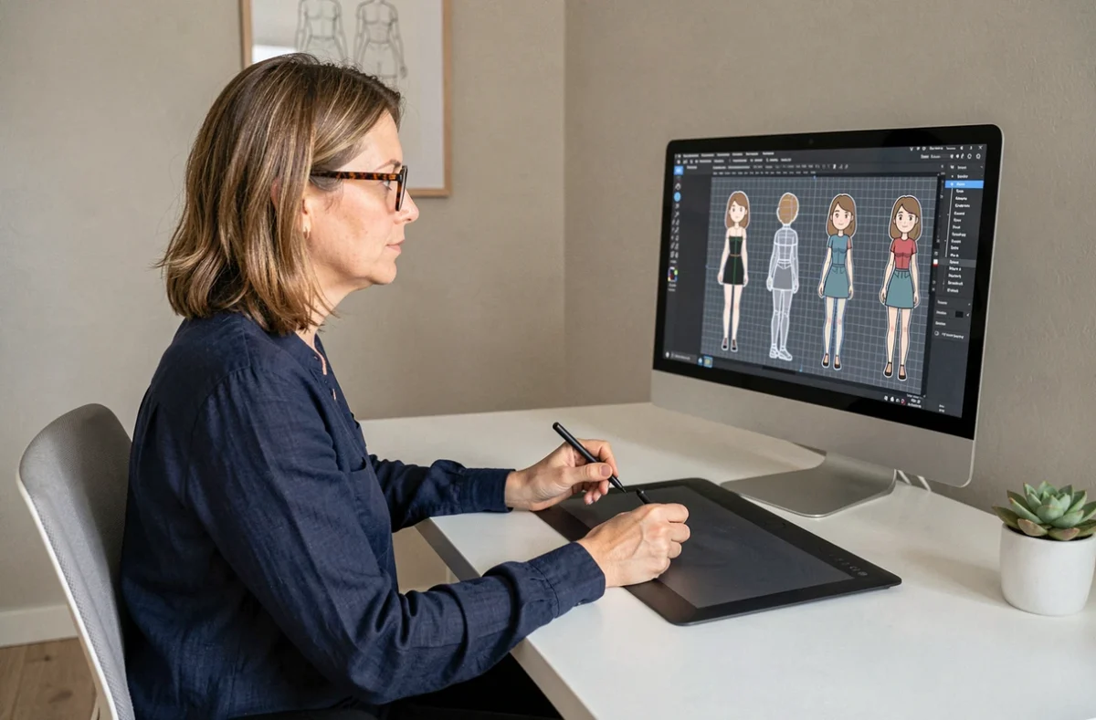 Illustratrice numérique travaillant sur les proportions d'un personnage féminin animé sur tablette graphique à son bureau