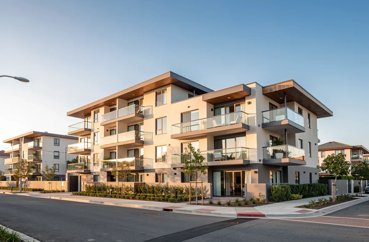 Immeuble neuf de logements avec balcons sous un ciel dégagé