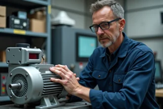 Ingénieur électrique inspectant un moteur synchrone sur un banc d'essai industriel avec oscilloscope en arrière-plan