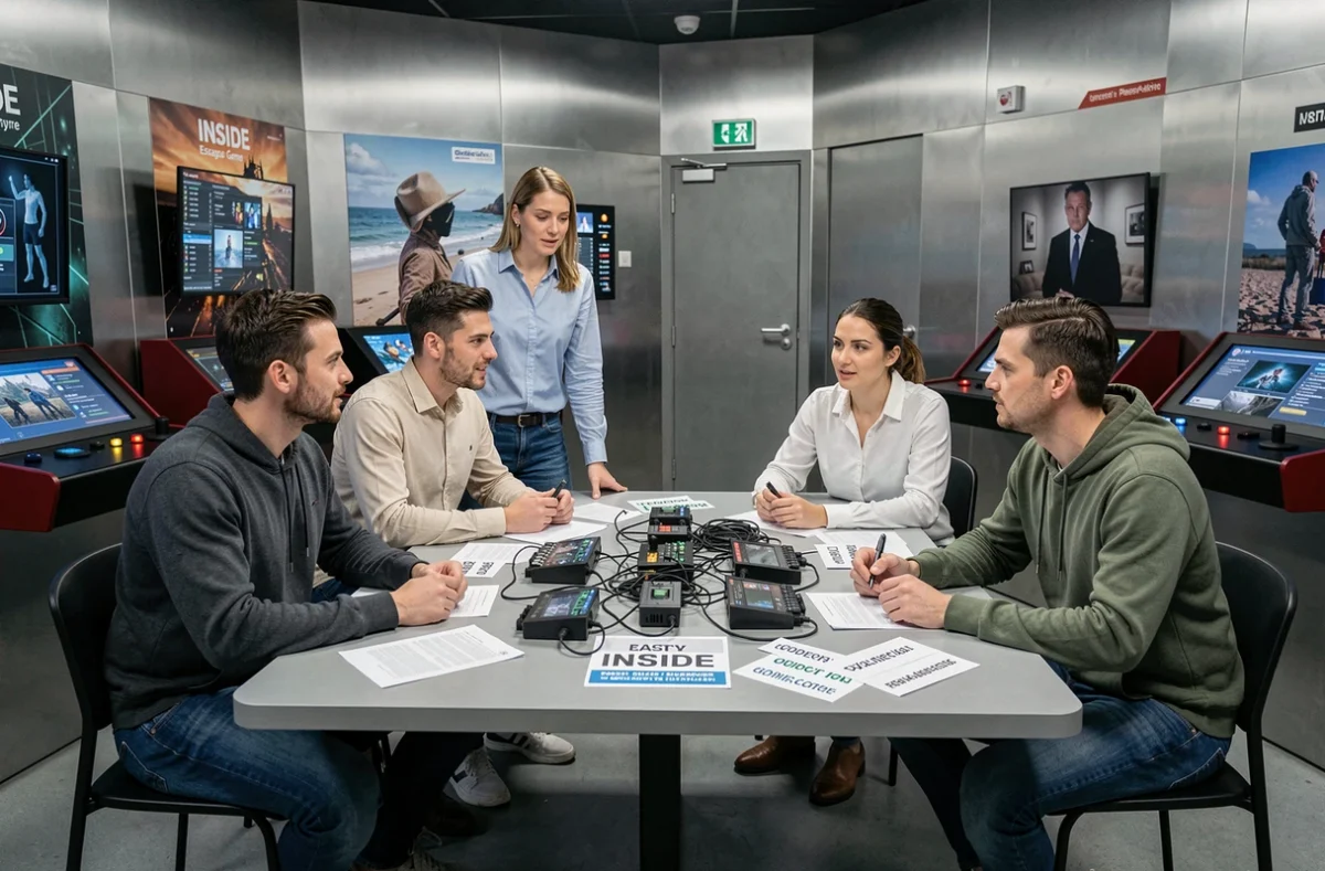 Quatre joueurs autour d'une table d'énigmes high-tech dans la salle moderne d'INSIDE Escape Game à La Palmyre