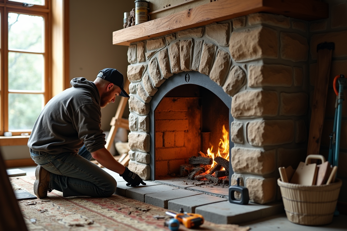 Artisan installant une cheminée efficace dans une vieille cheminée en pierre