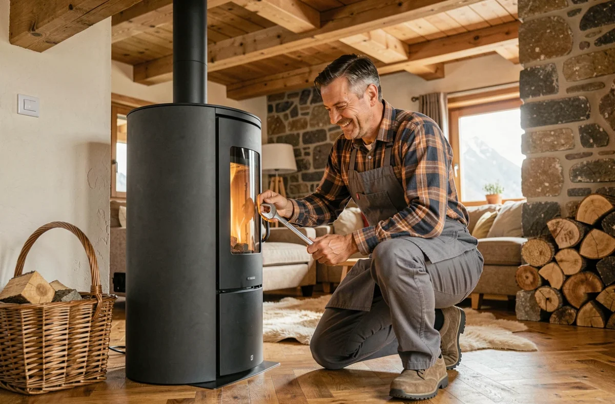 Spécialiste Instant Poêles et Cheminées by Pinto installant un poêle à granulés dans un salon de chalet savoyard