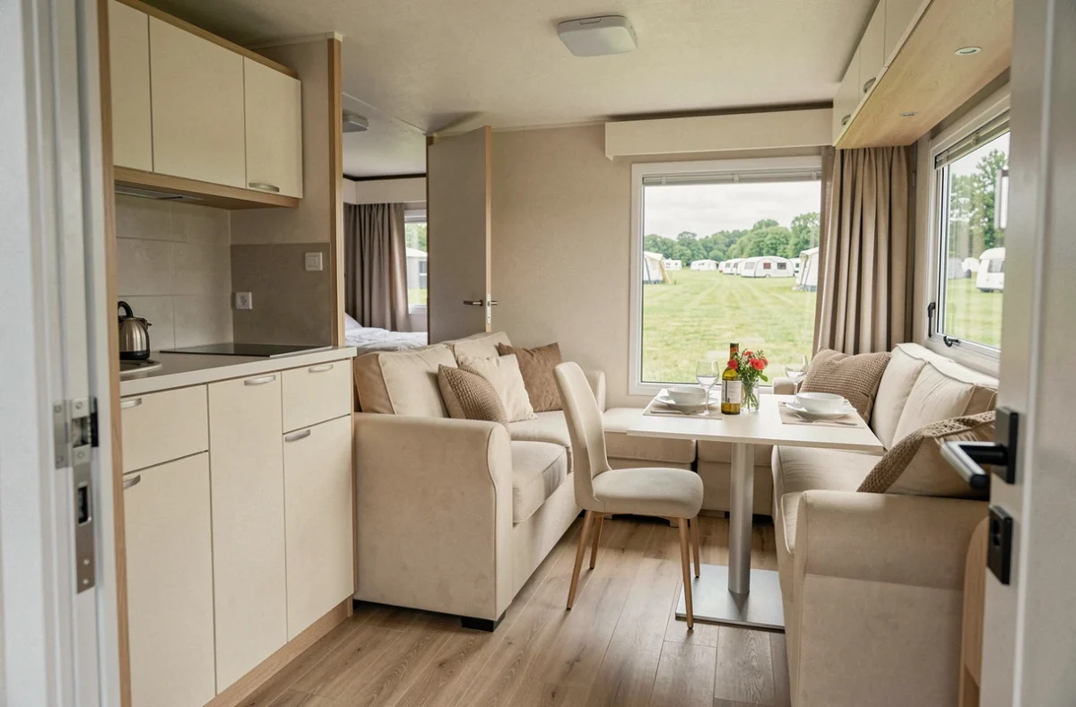 Intérieur aménagé d'un mobil-home de marque française avec cuisine ouverte, salon et grandes fenêtres donnant sur un camping verdoyant