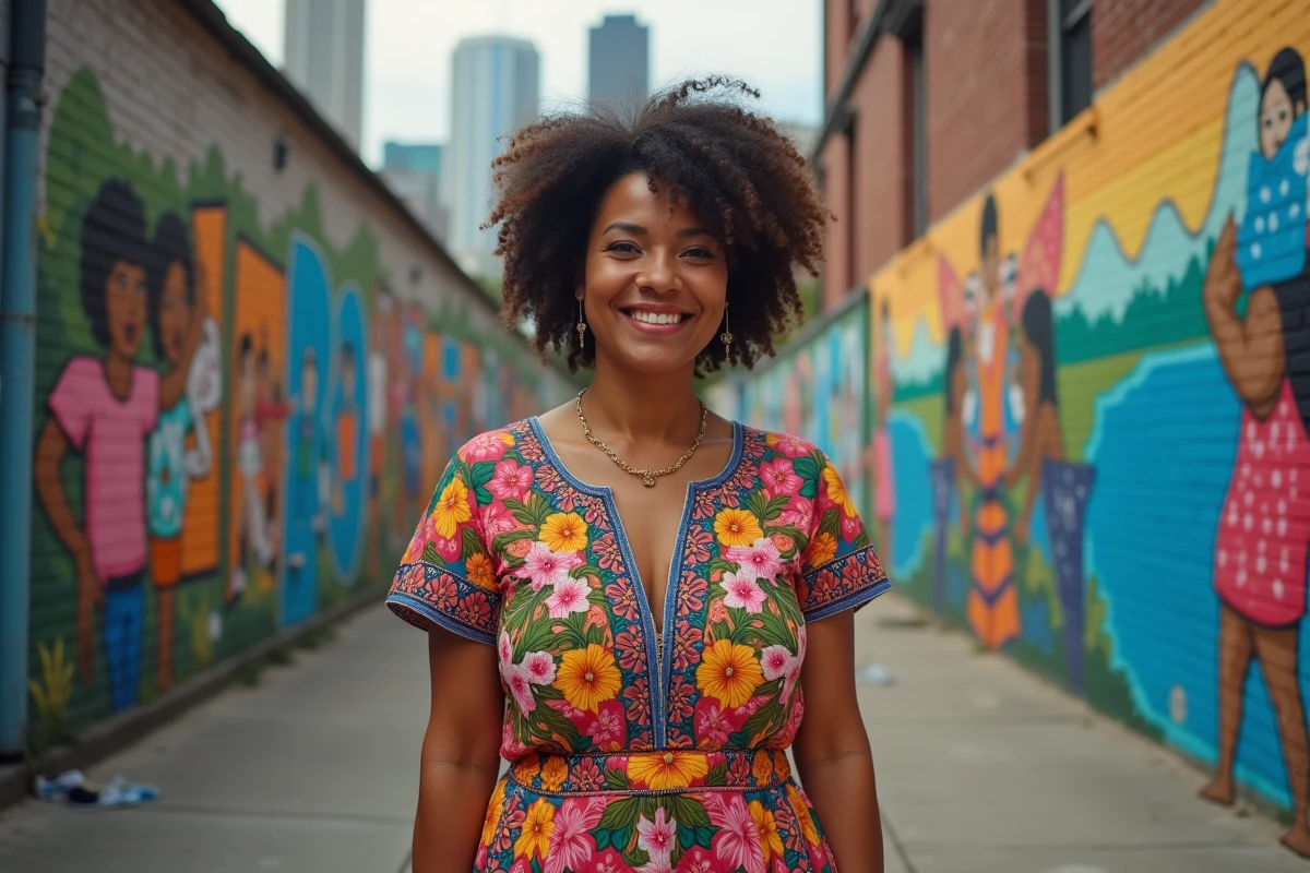 Femme latina en robe brodée devant une fresque murale du Bronx à New York, célébrant les racines culturelles portoricaines et l'identité américaine