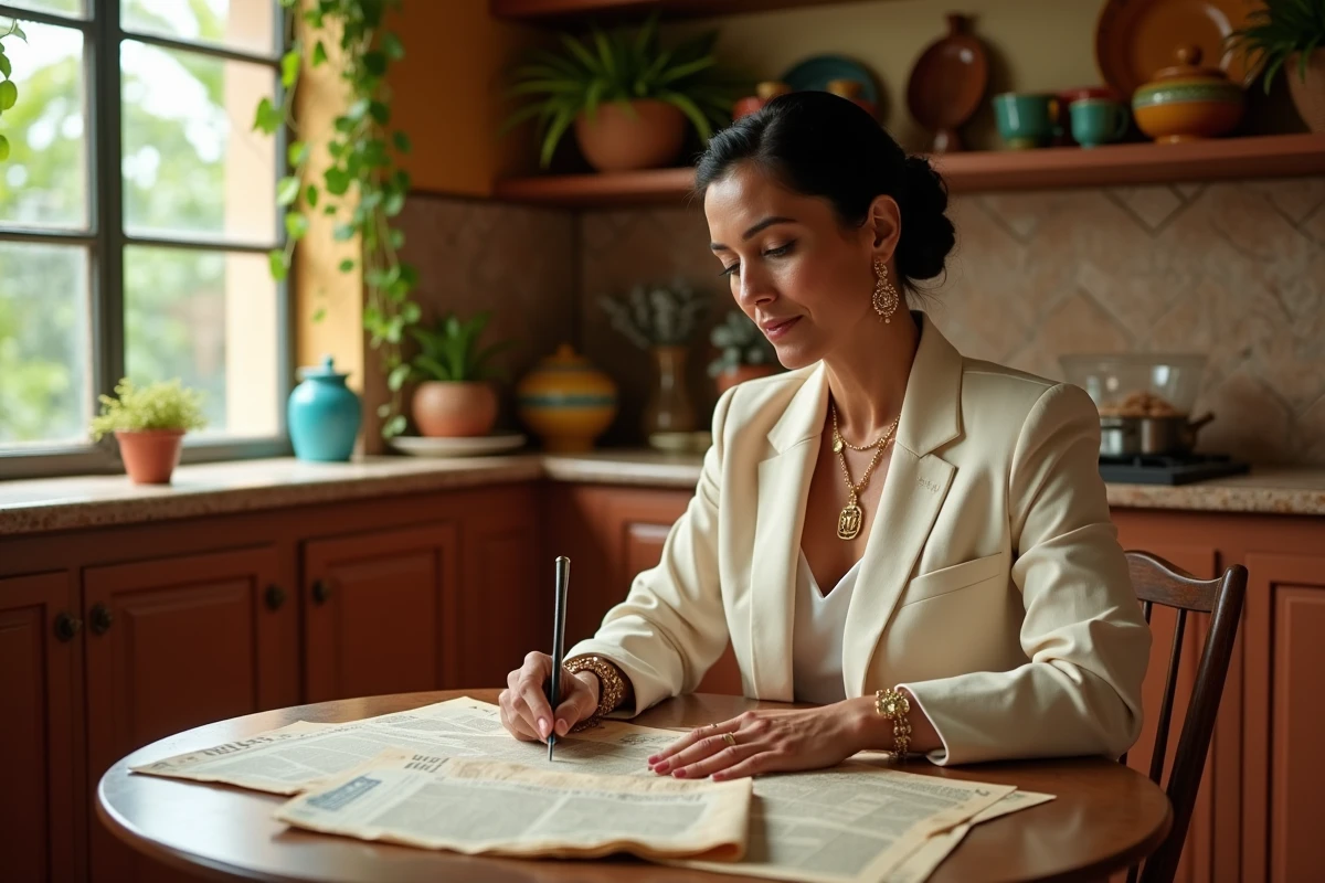 Femme latina élégante consultant d'anciennes recettes et coupures de journaux dans une cuisine traditionnelle portoricaine, symbolisant les origines culturelles et familiales