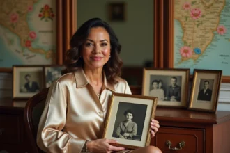 Femme latina élégante tenant une vieille photo de famille, entourée d'objets culturels portoricains évoquant les origines et le patrimoine familial