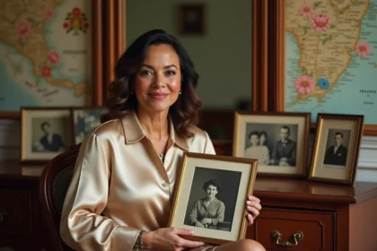 Femme latina élégante tenant une vieille photo de famille, entourée d'objets culturels portoricains évoquant les origines et le patrimoine familial