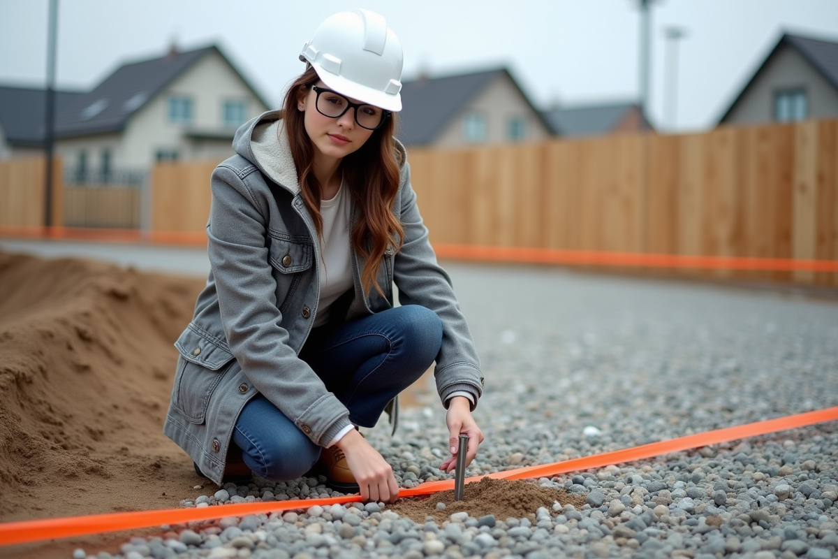 Jeune architecte vérifiant le sol avec une règle sur un chantier