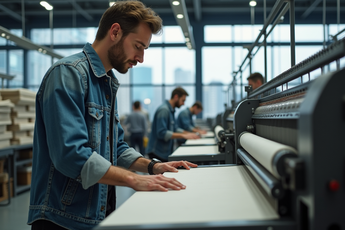 Jeune artisan français guide le tissu dans une usine moderne