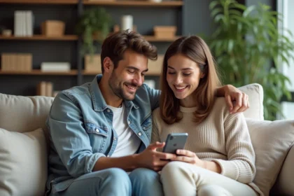 Jeune couple souriant en regardant leur smartphone à la maison