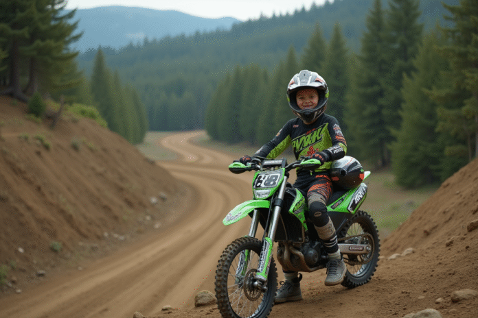 Jeune garçon en équipement motocross avec moto Kawasaki 125