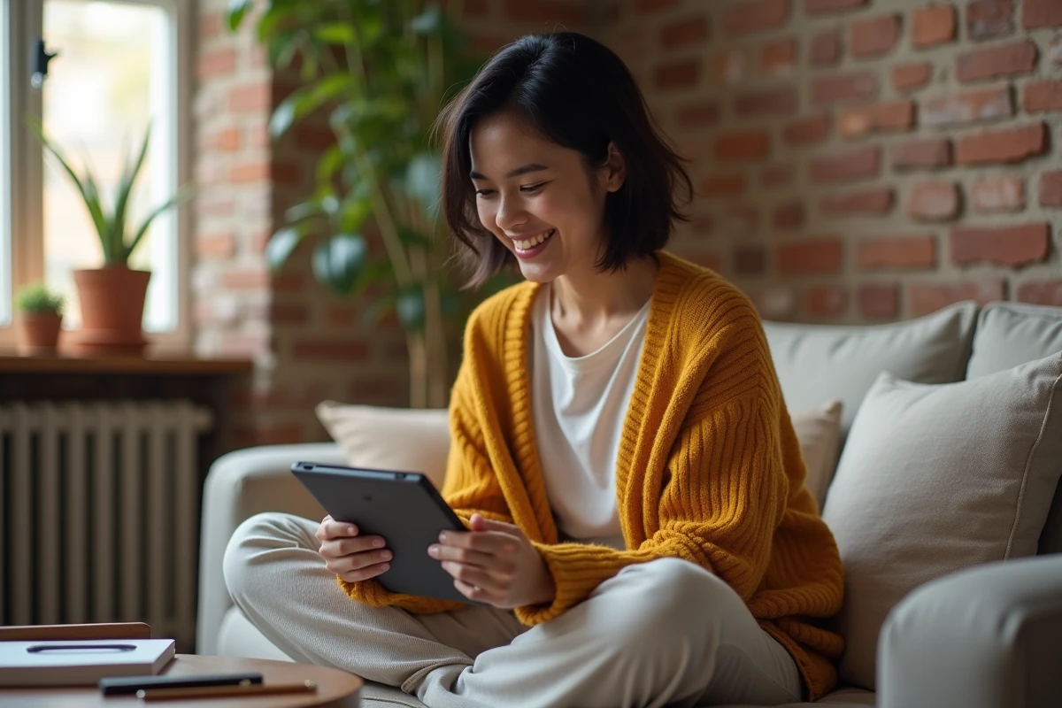 Jeune femme souriante relisant un texte corrigé sur une tablette dans un salon cosy avant envoi