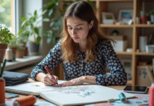 Jeune femme esquissant des motifs textiles dans un studio lumineux