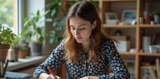 Jeune femme esquissant des motifs textiles dans un studio lumineux