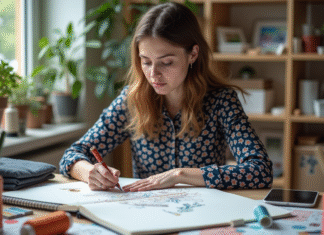 Jeune femme esquissant des motifs textiles dans un studio lumineux