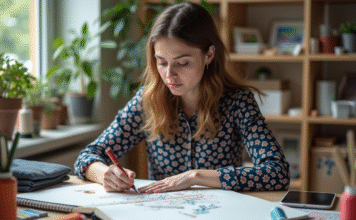 Devenir designer textile : formation, métier et perspectives en France Jeune femme esquissant des motifs textiles dans un studio lumineux