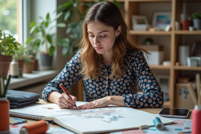 Jeune femme esquissant des motifs textiles dans un studio lumineux