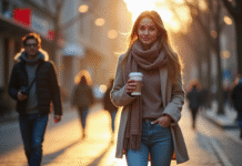 Jeune femme élégante sortant en ville le matin avec café et pull léger
