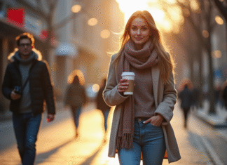 Jeune femme élégante sortant en ville le matin avec café et pull léger