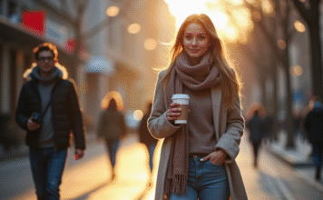 Tenue parfaite pour variations température : matin frais, après-midi chaud! Jeune femme élégante sortant en ville le matin avec café et pull léger