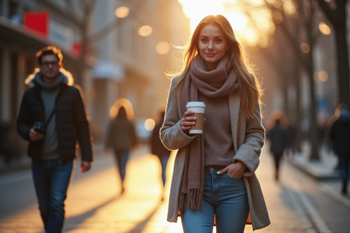 Jeune femme élégante sortant en ville le matin avec café et pull léger