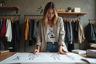 Jeune femme stylée en studio examinant des croquis de mode