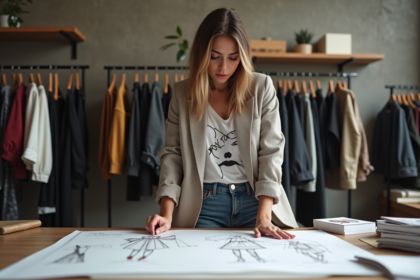 Jeune femme stylée en studio examinant des croquis de mode