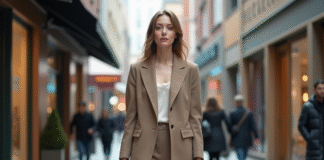 Jeune femme élégante marche dans la ville moderne