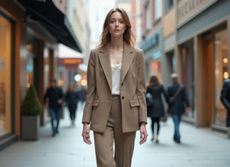 Jeune femme élégante marche dans la ville moderne