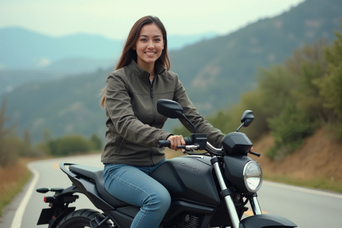 Jeune femme souriante sur moto 125cc en nature