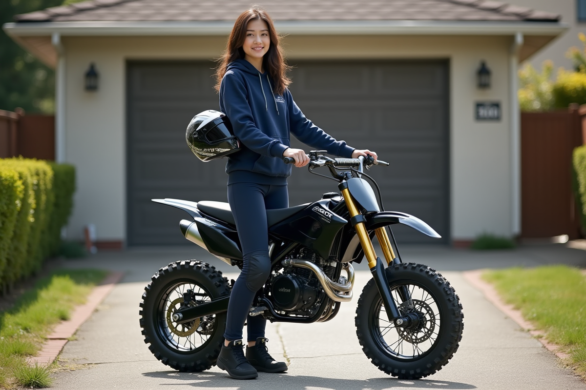 Jeune femme avec moto 50cc dans un environnement urbain