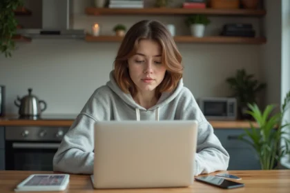 Jeune femme surprise regardant son écran d'ordinateur dans sa cuisine