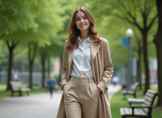 Jeune femme souriante dans un parc urbain verdoyant