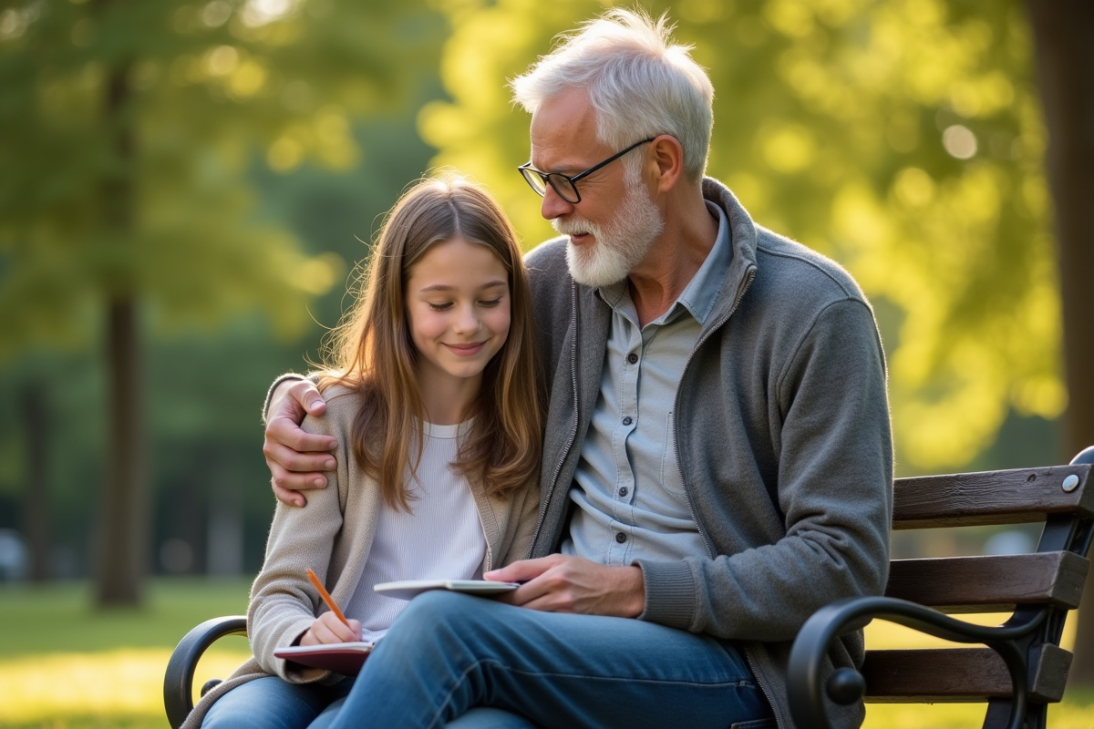 Fille adolescente et homme en plein air sur un banc