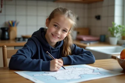 Jeune fille souriante trace les rivières de France sur une carte