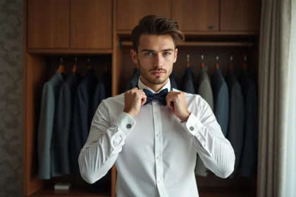 Jeune homme en chemise blanche ajustant une cravate élégante