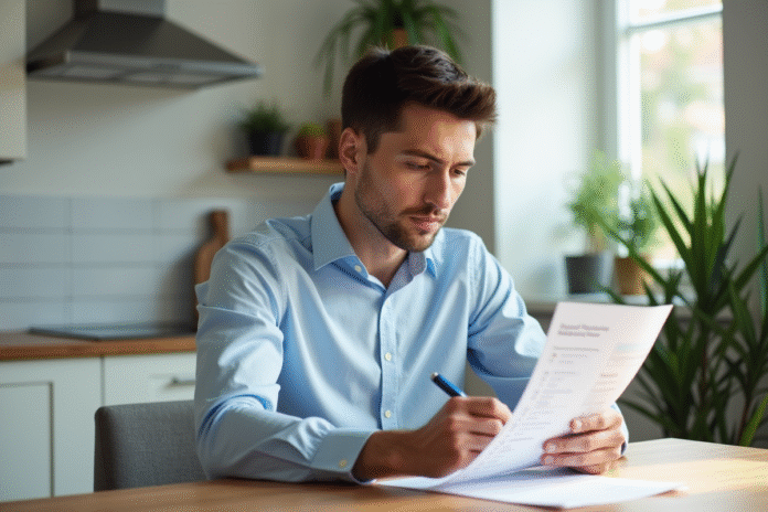 Jeune homme en chemise bleue vérifiant une liste de prêt étudiant