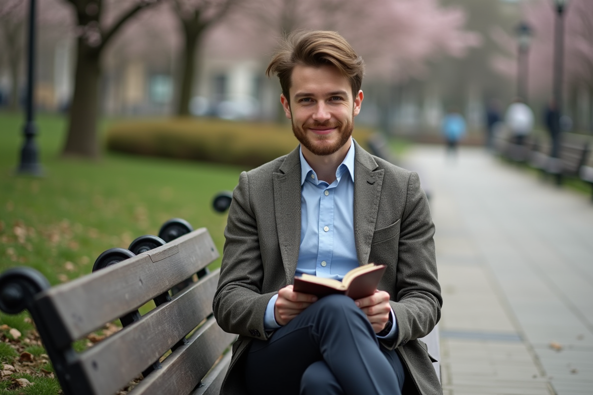 Jeune homme assis dans un parc en journalisant avec style