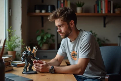 Jeune homme contemplant un modele Warhammer 40k