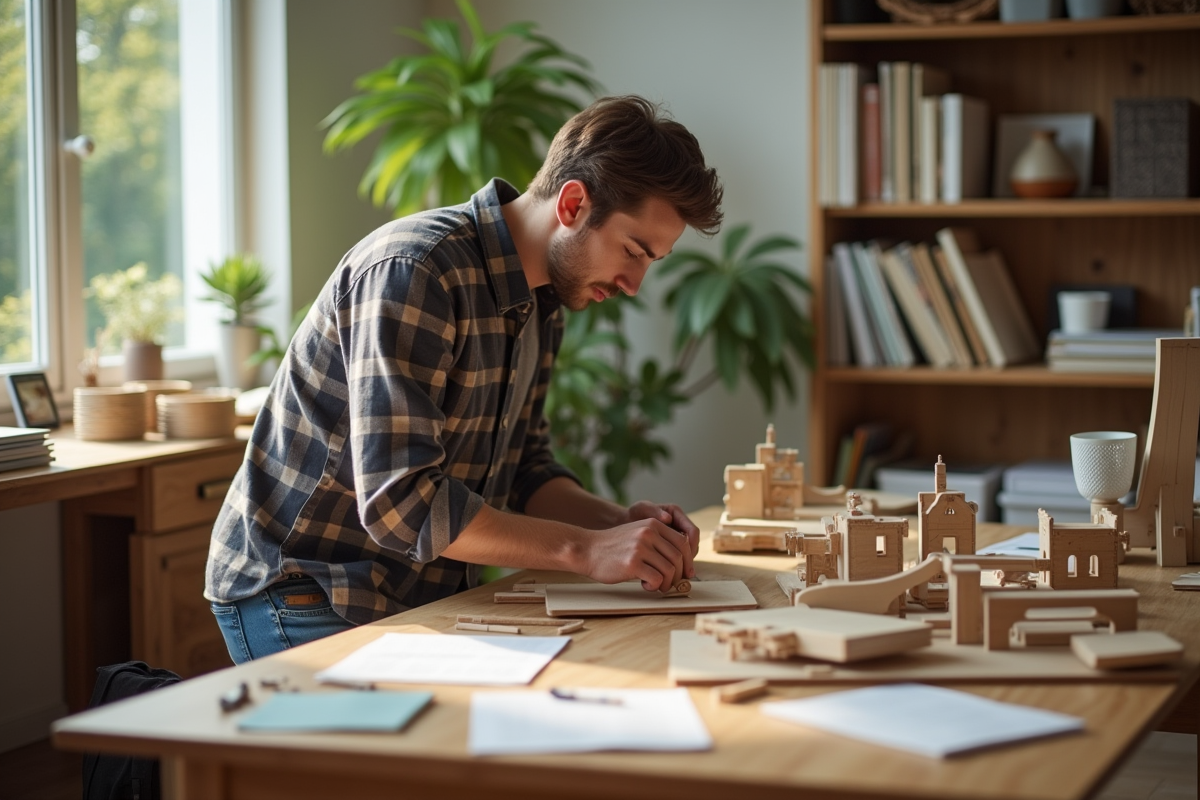 Jeune homme assemblant un modèle en bois à la maison
